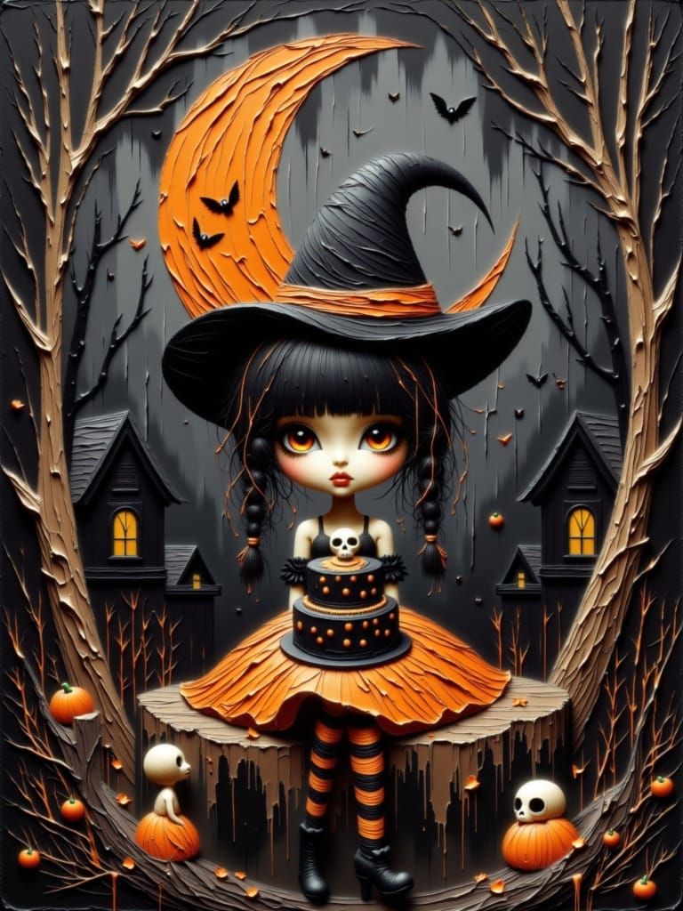 Cute Witch Celebrates Halloween Birthday in Forest