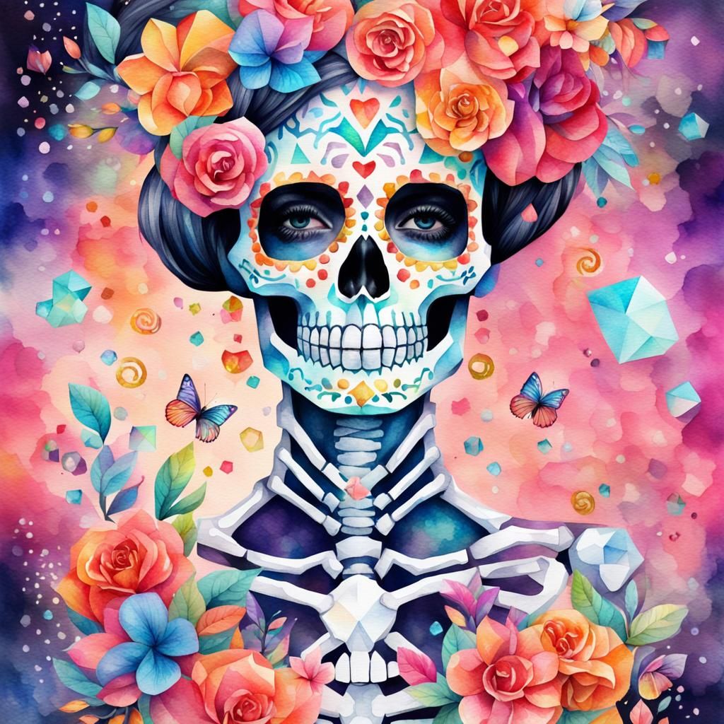 Watercolor Sugar Skull Skeleton with Iridescent Sparkles