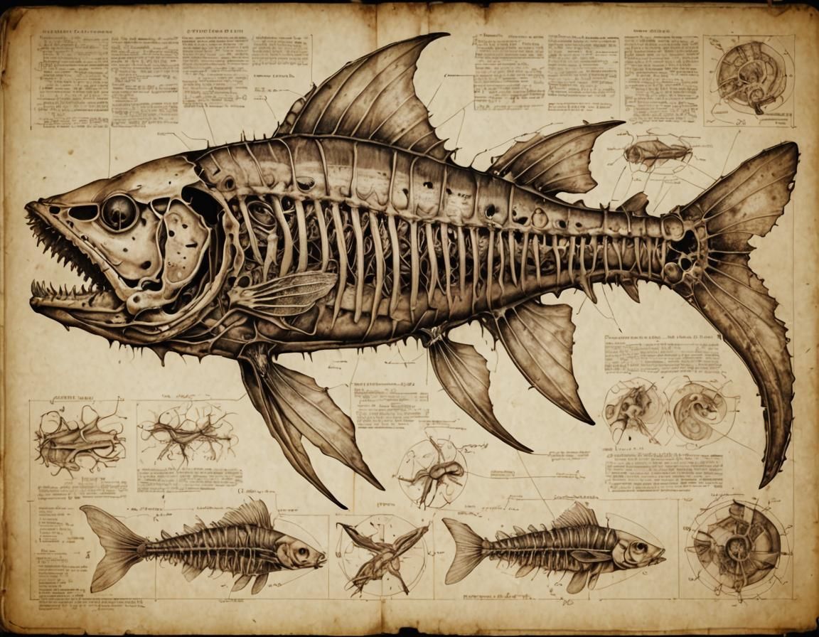 Dissected Mutant Catfish Anatomy in Sepia Tones