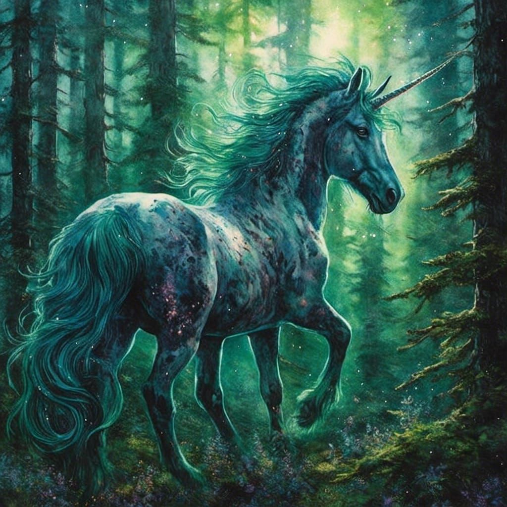 Galloping Unicorn in Twinkling Forest: Watercolor Fantasy
