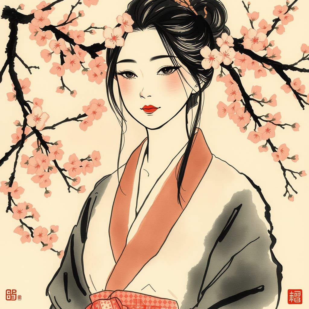 Woman in Traditional Dress as Sumi-e Ink Painting