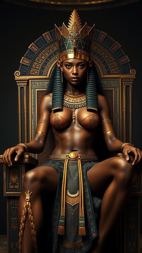 Egyptian Queen on Throne in Hyperrealistic Style