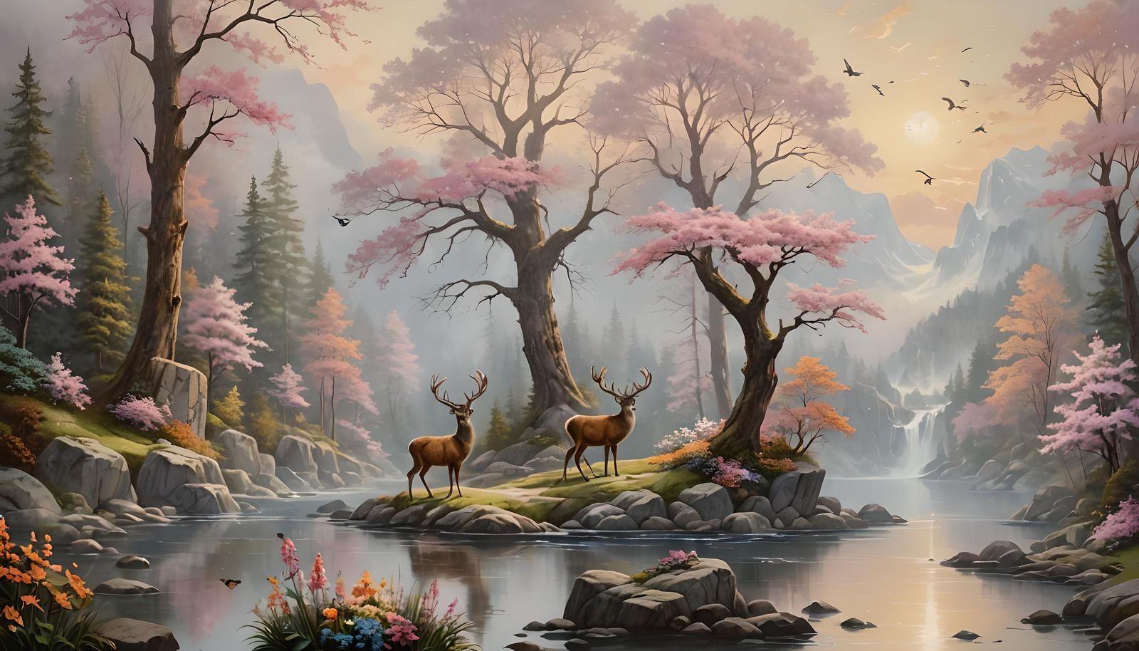 Ethereal Fantasy Landscape with Deer and Butterflies