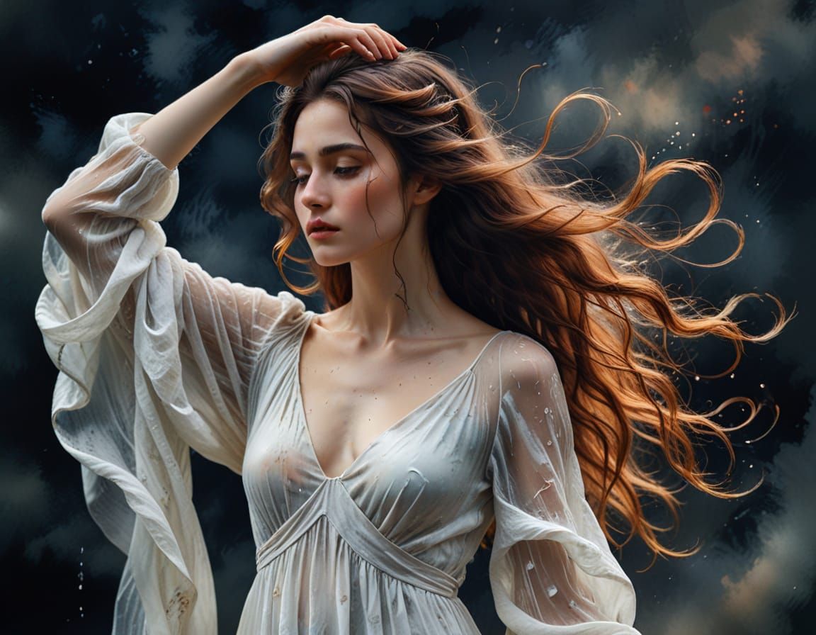 Ethereal Woman in Wet Gown, Fantasy Watercolor Style