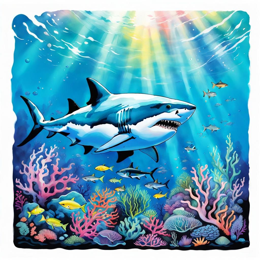 Humorous Great White Shark in Neon Underwater Scene