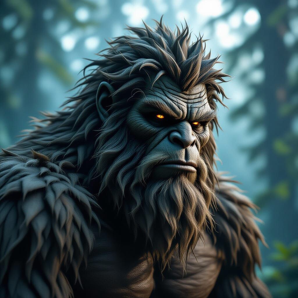 Hyperrealistic Bigfoot Portrait in Misty Forest