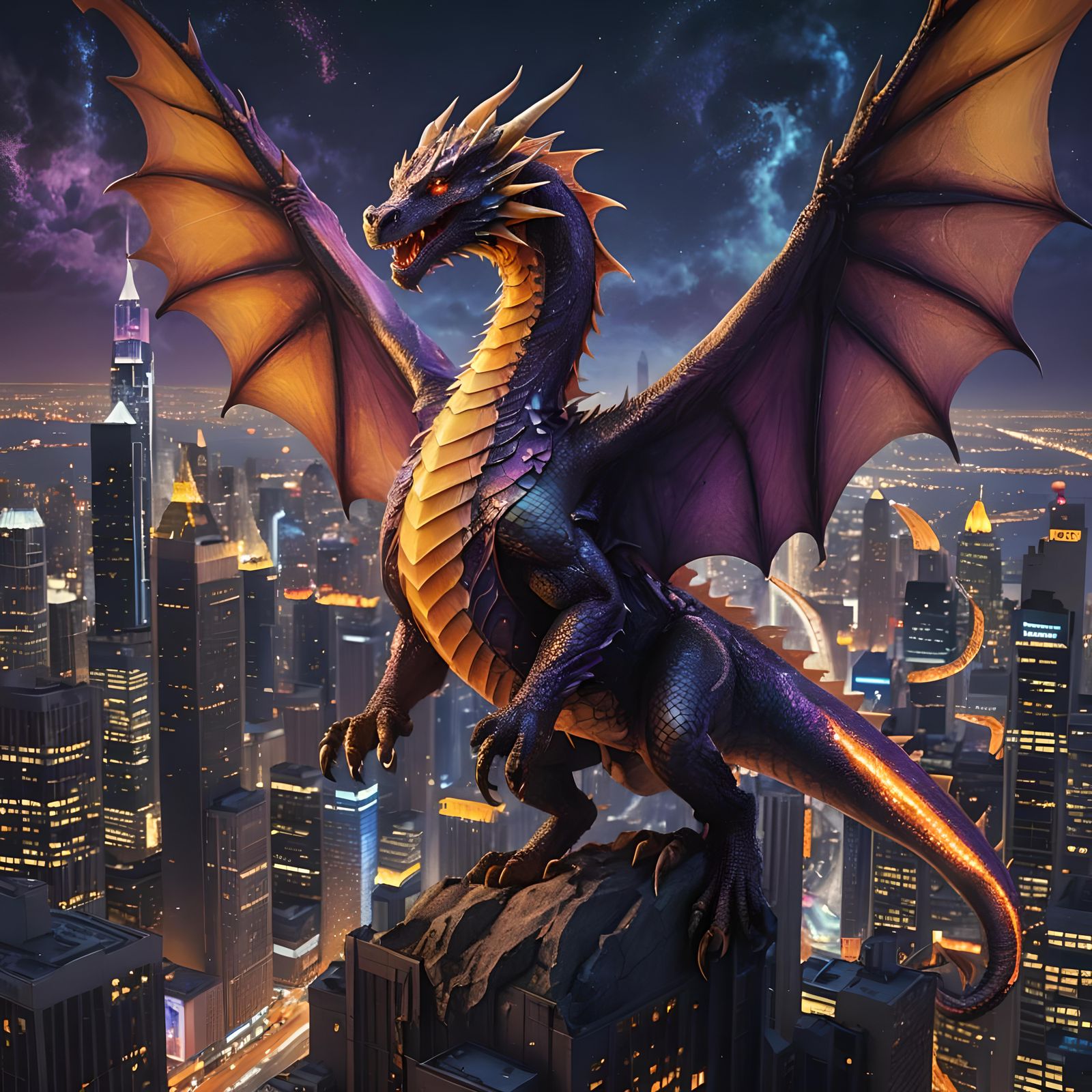 Winged Dragon Over Metropolis: Fantasy Concept Art