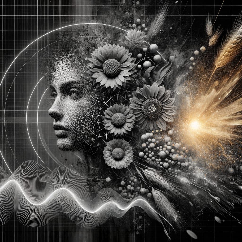 Monochrome Botanical Portrait Dissolving into Golden Waves