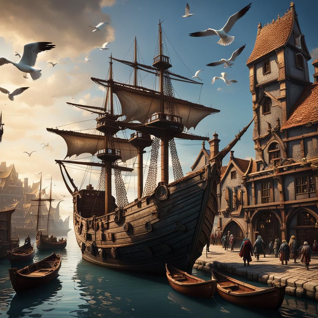 Fantastical Medieval Port with Ships and People