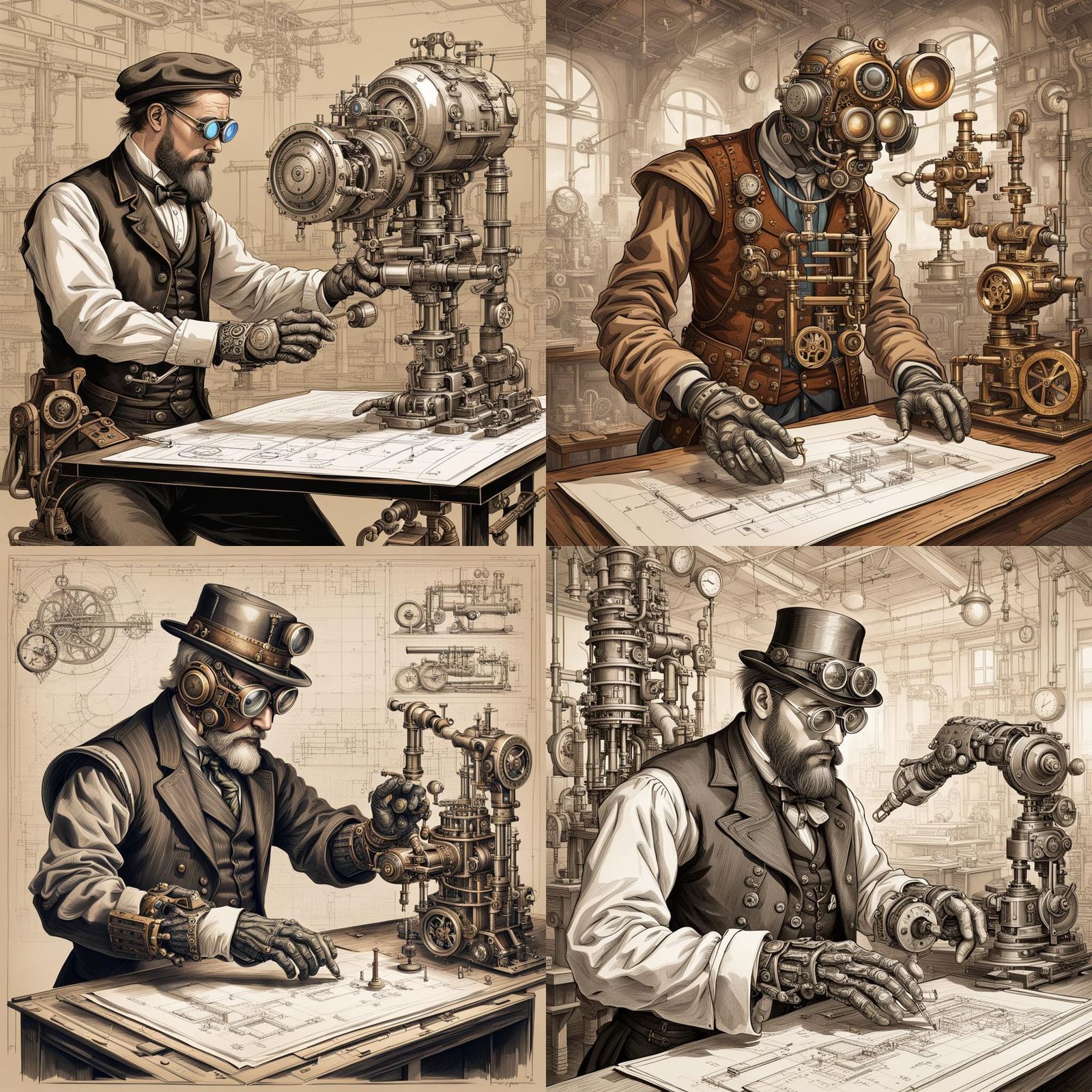Steampunk Architect Drafting Plans with Robotic Arm