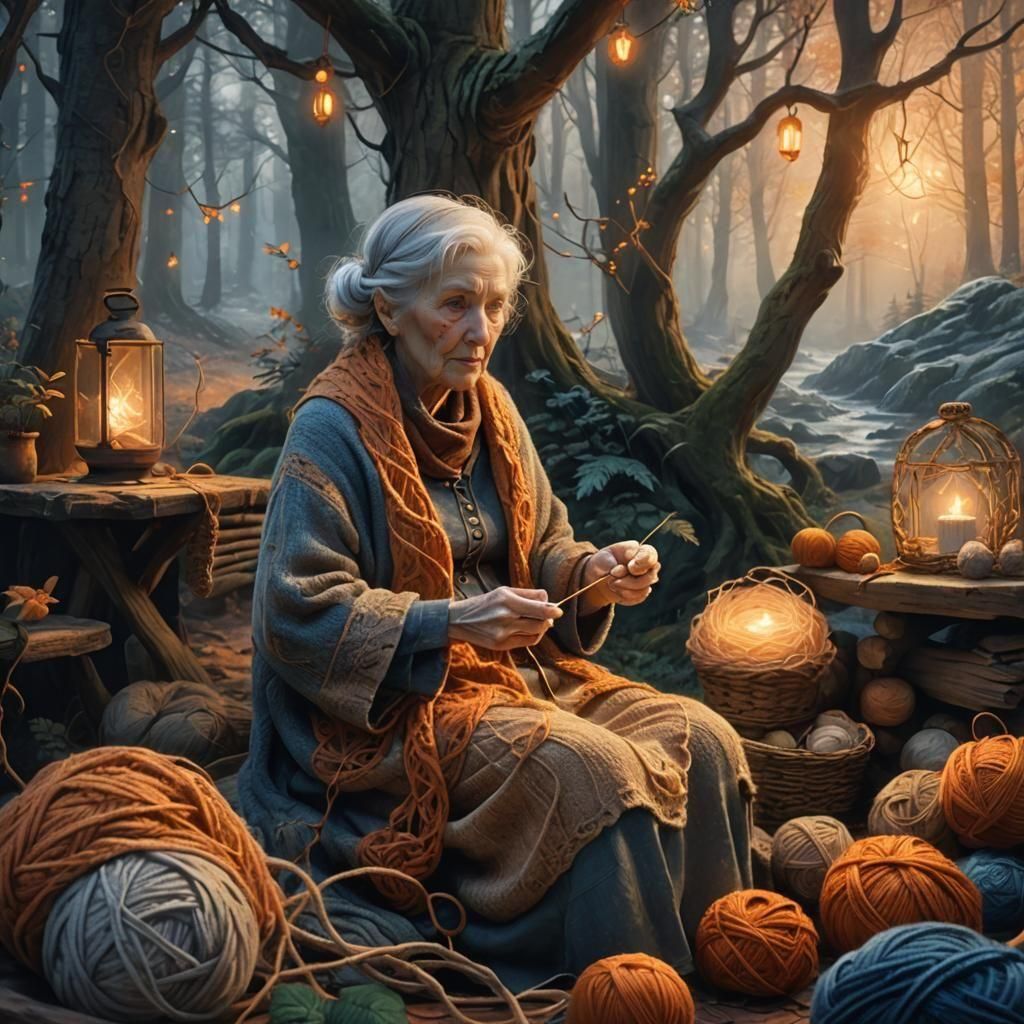 Old Lady Knitting: Detailed Matte Painting