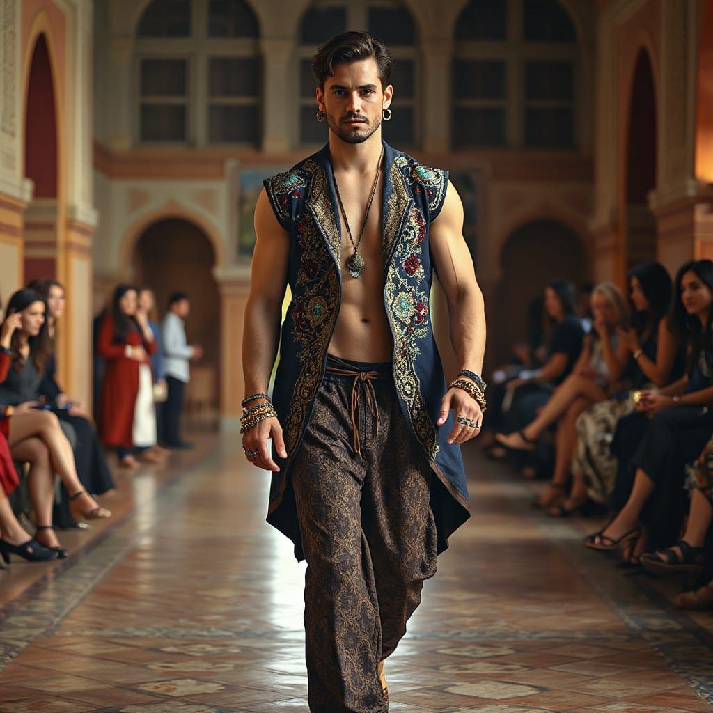 Dashing Model Strolls Moroccan Riad Runway in Bohemian Attir...