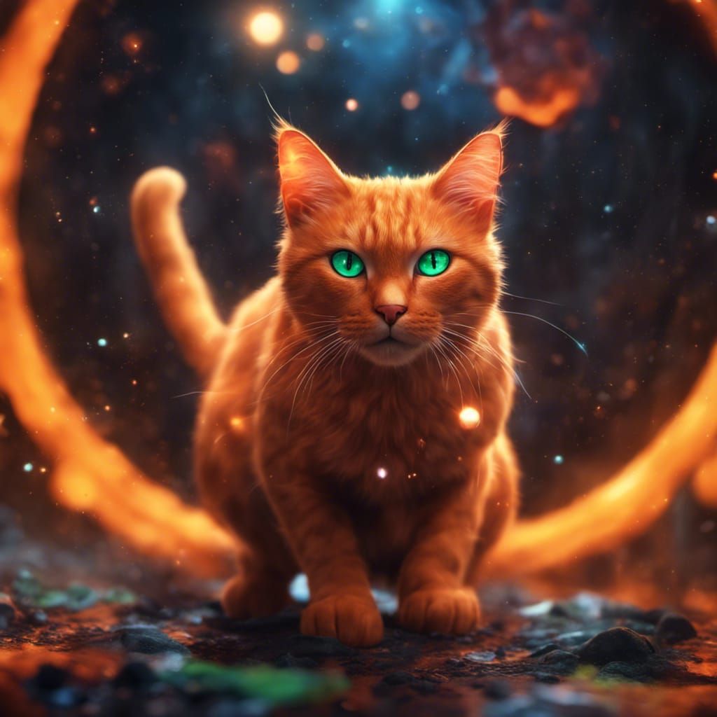 Galaxy Orange Cat with Green Eyes in Detailed Painting