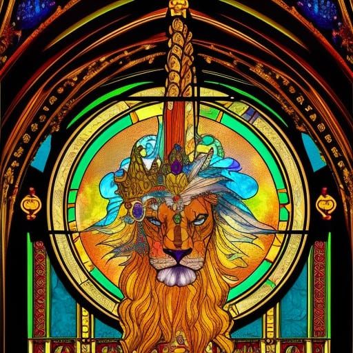 Ornate Stained Glass Unicorn Lion Digital Painting