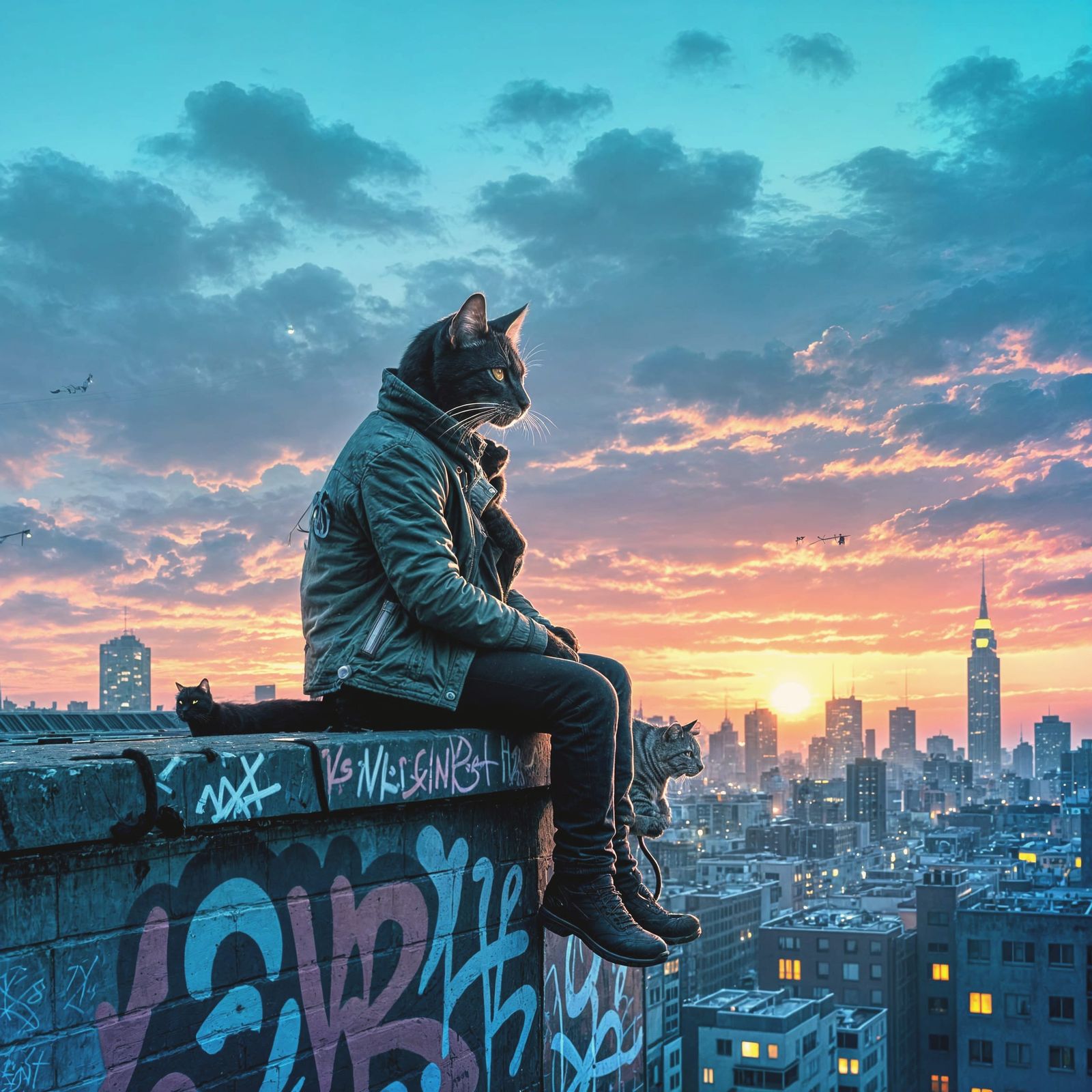 Graffiti Rooftop Cat at Twilight in Urban Noir Style