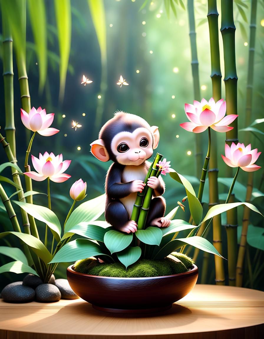 Baby Monkey with Lotus Ikebana Arrangement