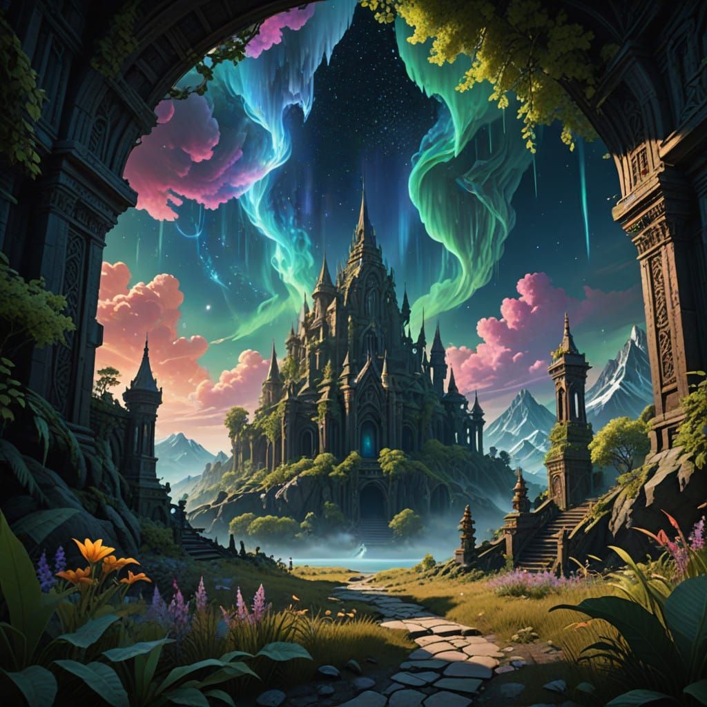 Dreamlike Landscape Unfolds Under Swirling Clouds