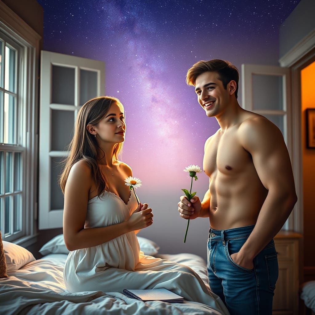 Dreamy Realism: Woman with Daisy under Louisiana Stars