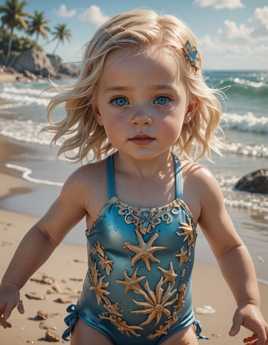 Toddler Girl Portrait at Beach, Detailed Fantasy Art