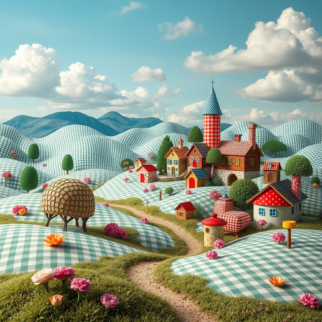 Gingham Print: A landscape with a small village