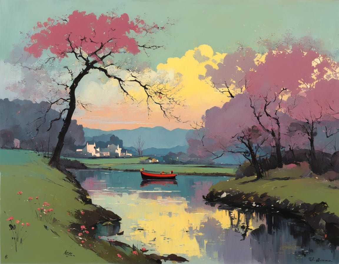 Lush Spring Landscape in Abstract Impressionist Style