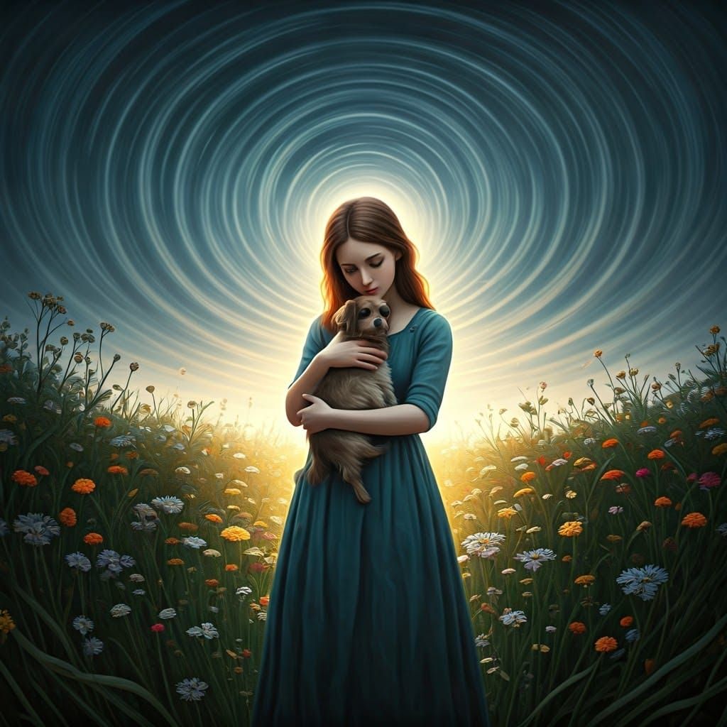 Heartbroken Woman with Dog in Lush Garden