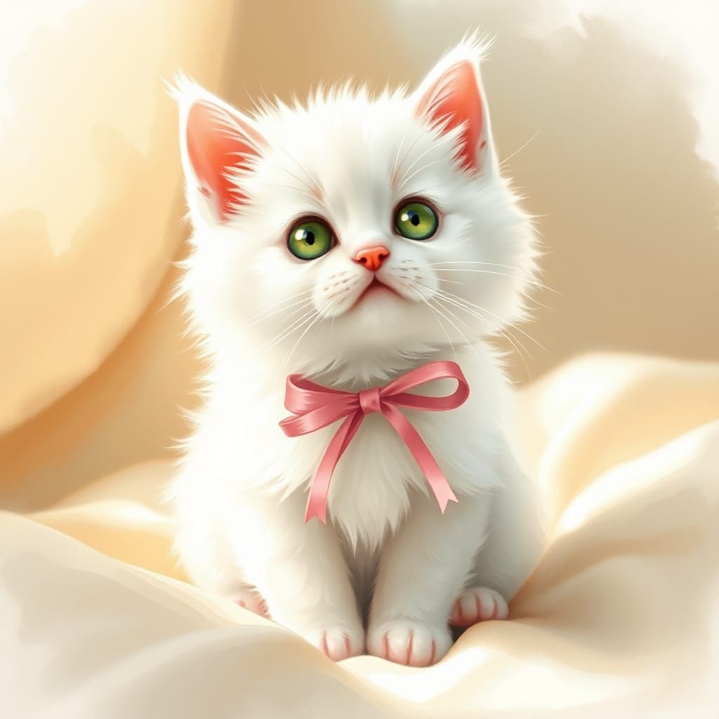 Kitten with Pink Bow in Watercolor Style