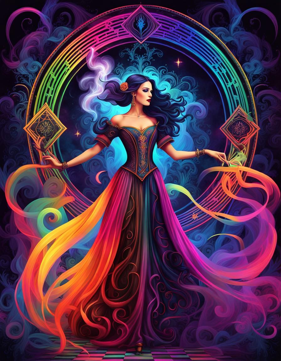 Gothic Woman Dancing in Rainbow Smoke: Digital Art