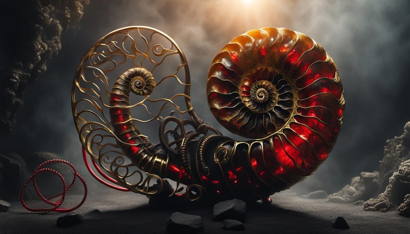 Golden Cyborg Ammonite Sculpture with Ceramic Head
