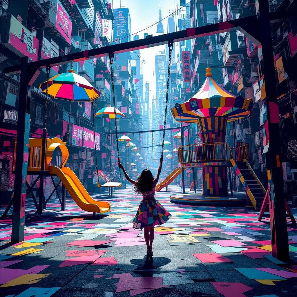 Cyberpunk Paper Playground With Woman on Swings