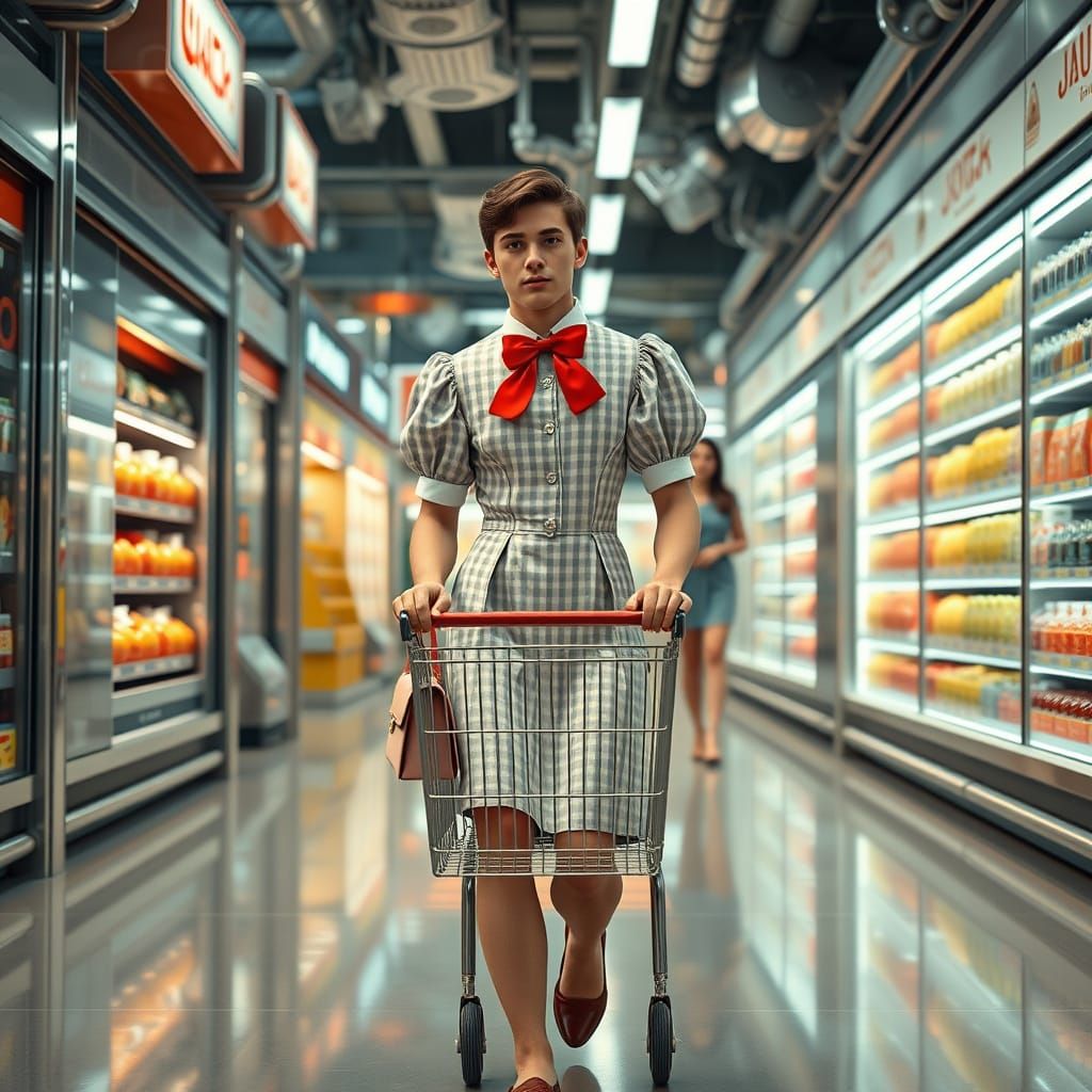 Young Man in Futuristic Gingham Dress Shops in High-Tech Sup...