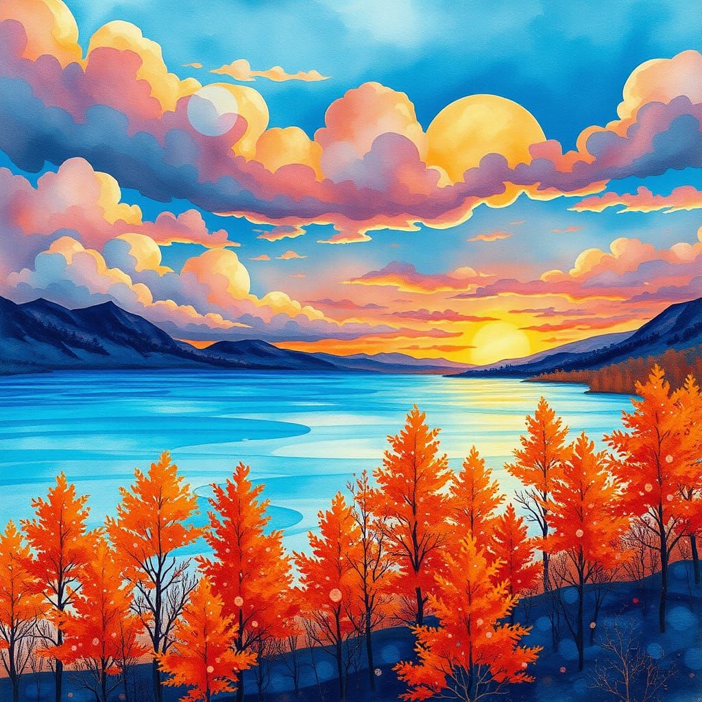 Orange Trees and Blue Lake: Ethereal Alcohol Ink Landscape