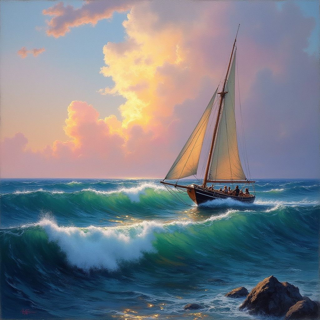 Majestic Sailboat on Turbulent Ocean in Vibrant Colors