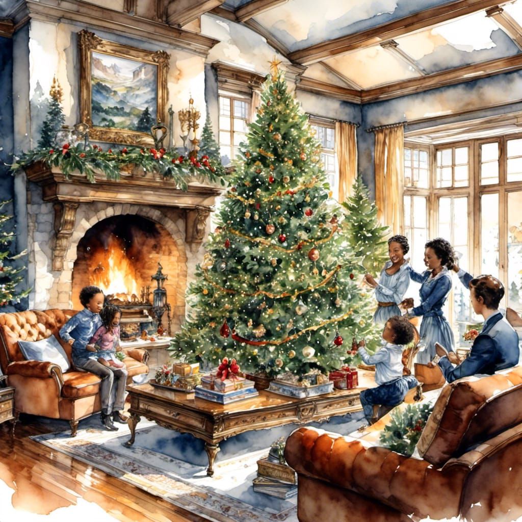 Black Family Christmas Tree Watercolor Illustration