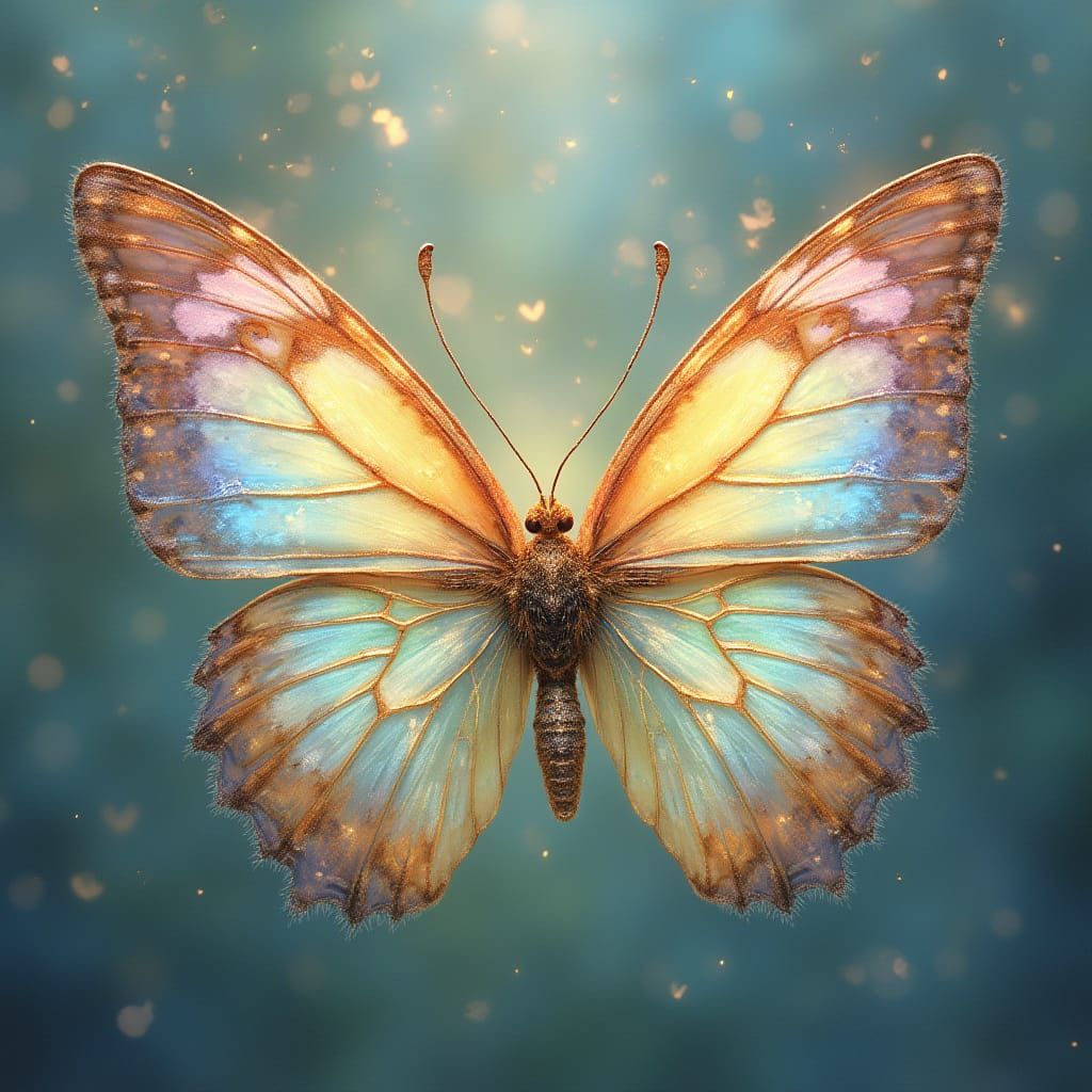 Majestic Iridescent Butterfly in Whimsical Dreamscapes