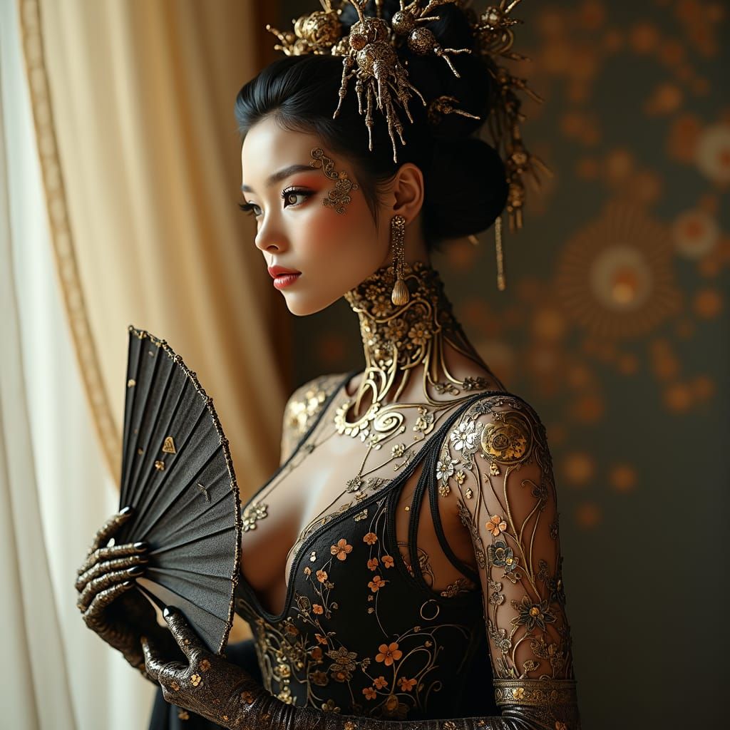 Elegant Metal Cyborg Geisha with Ornate Fan