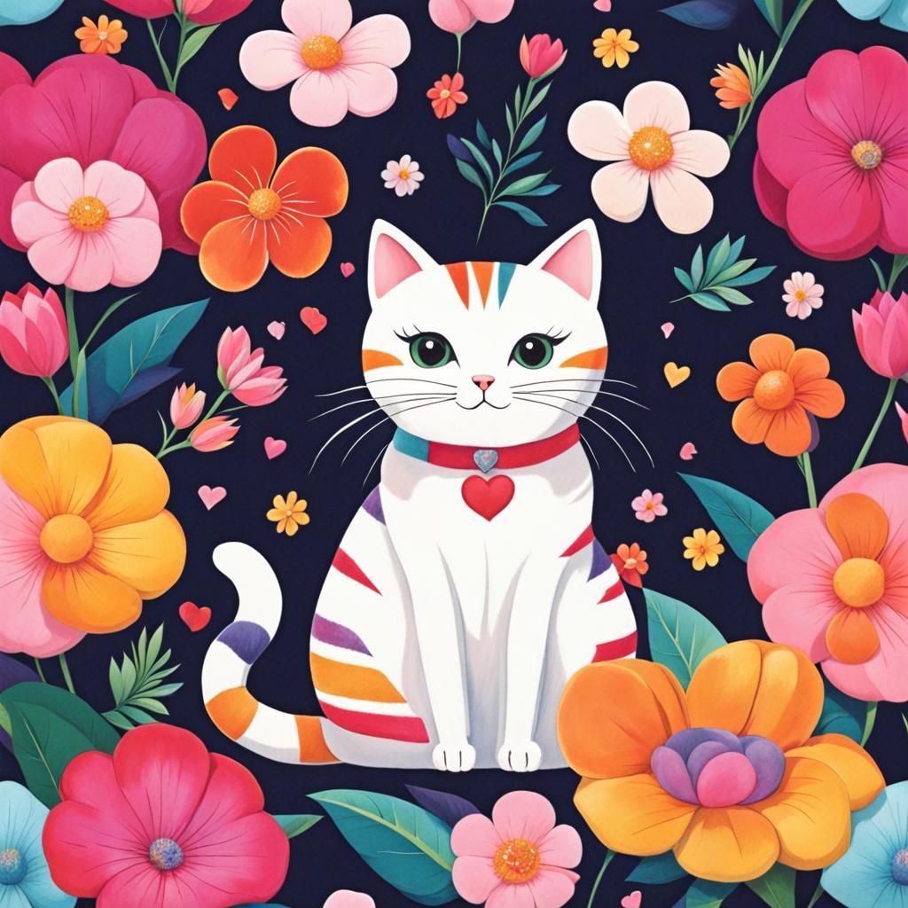 Calico Cat Surrounded by Hearts and Flowers