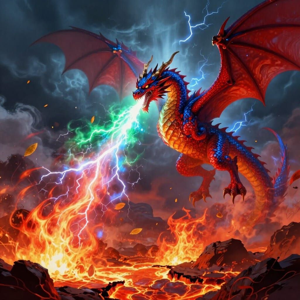 Dragon Soaring Through Stormy Sky with Fiery Breath