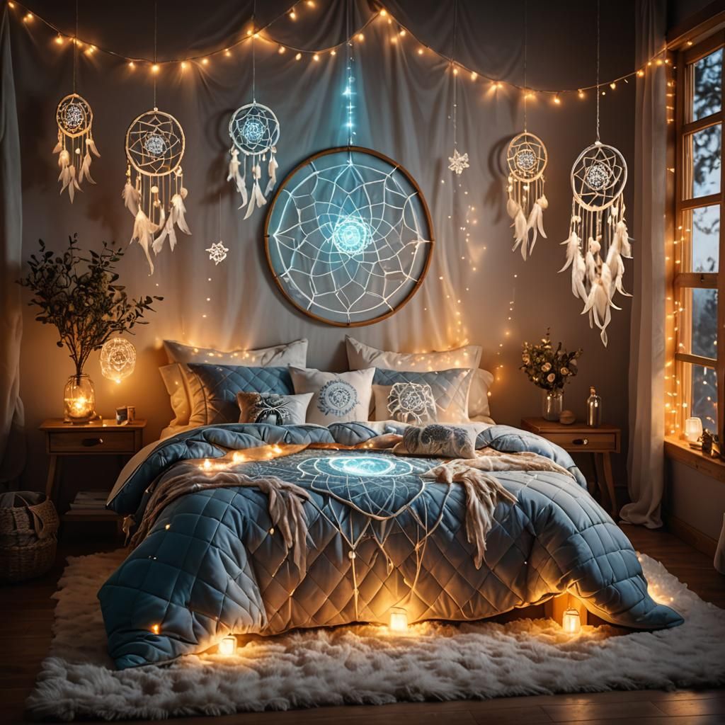 Cozy Interior with Quilted Bed and Glowing Light