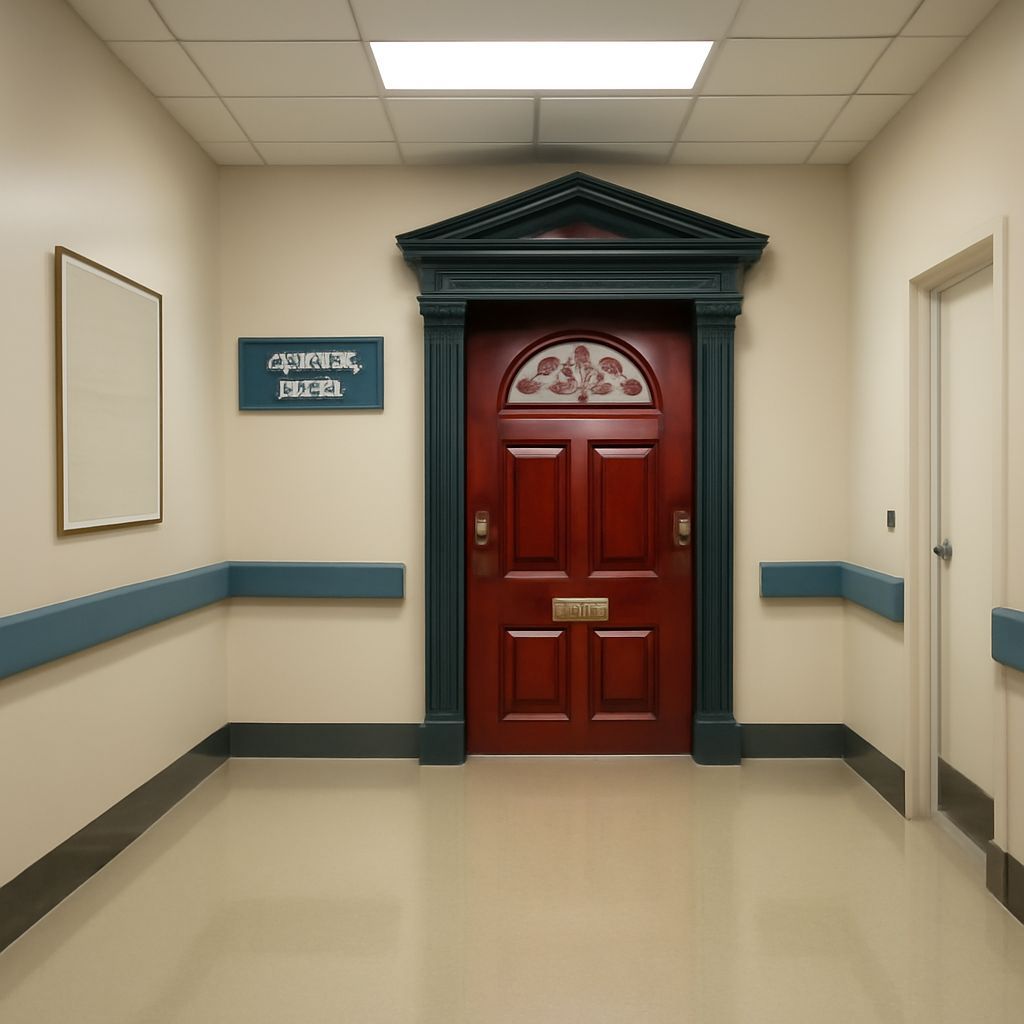 A hospital hallway with a single Victorian front door where an operating room should be