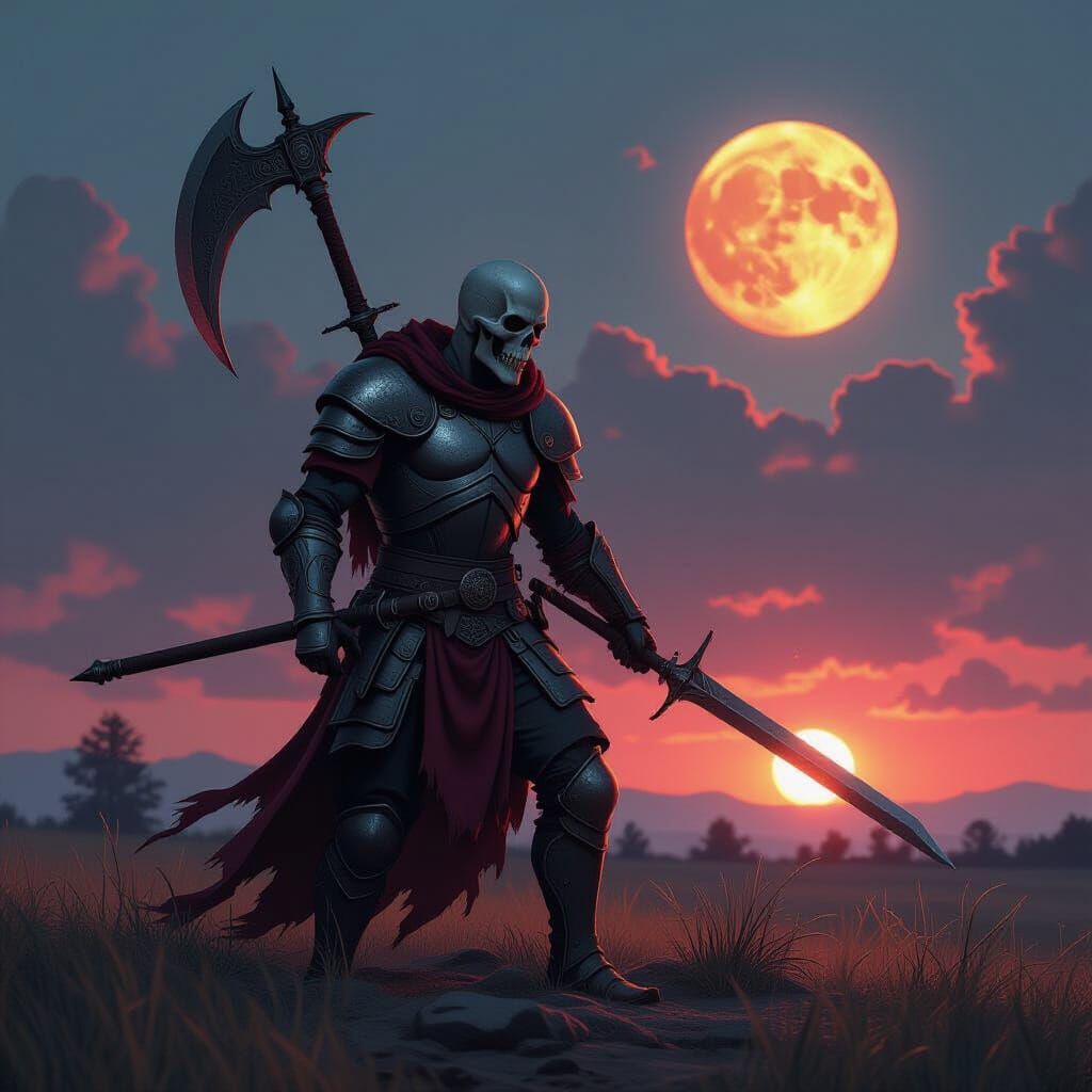 Skeleton Grim Reaper Mocking a Bloody Battlefield Sunset