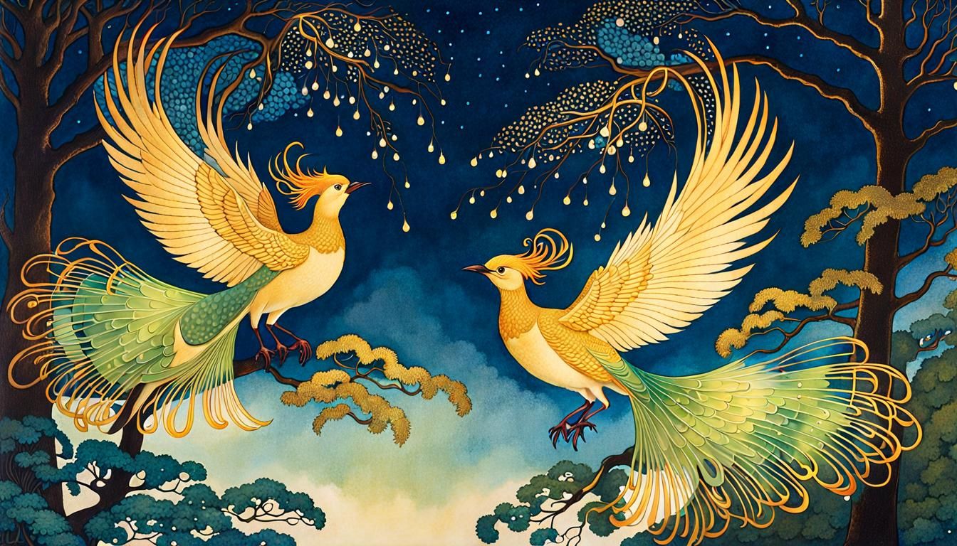 Iridescent Phoenix Birds in Flight, Illustration