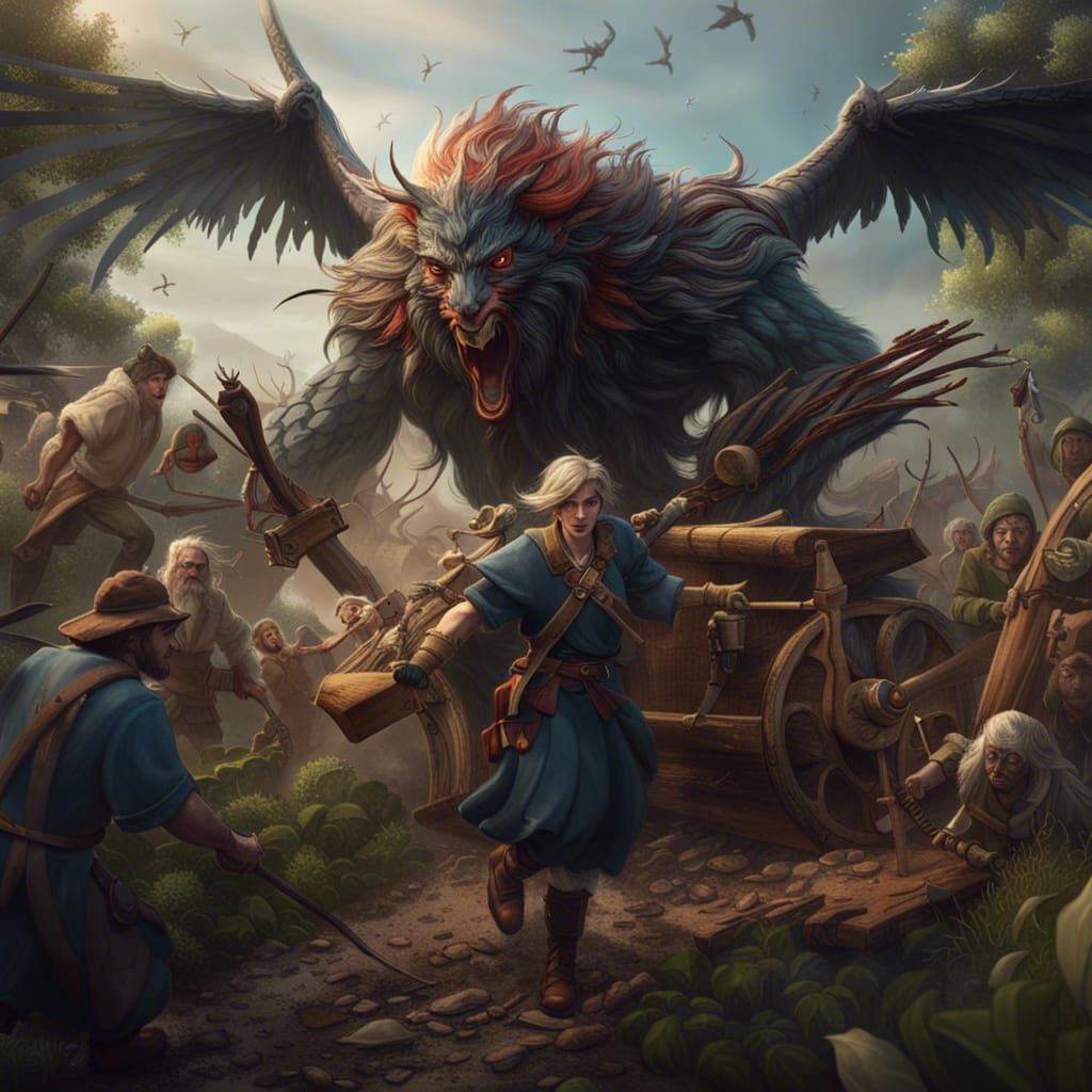 Harpies Attack Farmer: Detailed Matte Painting