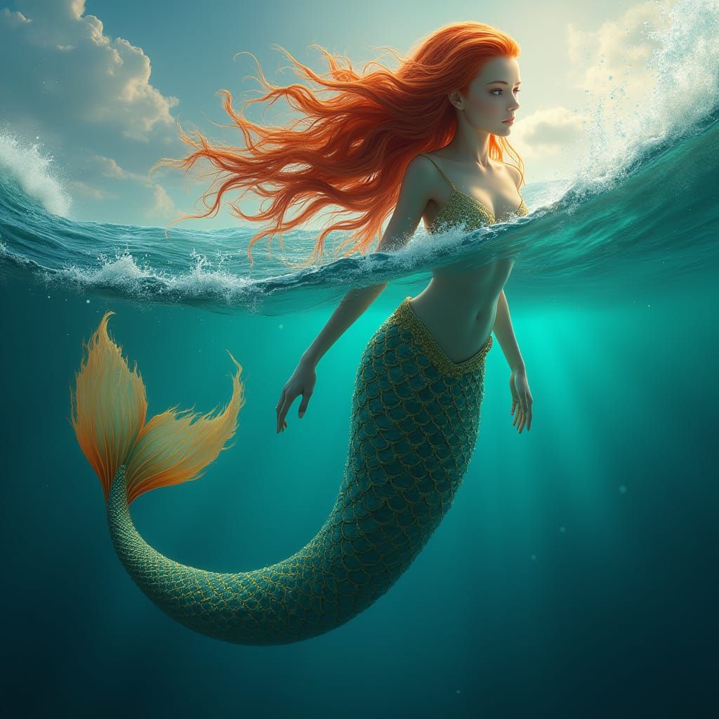 Redhead Mermaid in Bioluminescent Wave, Digital Matte Painti...