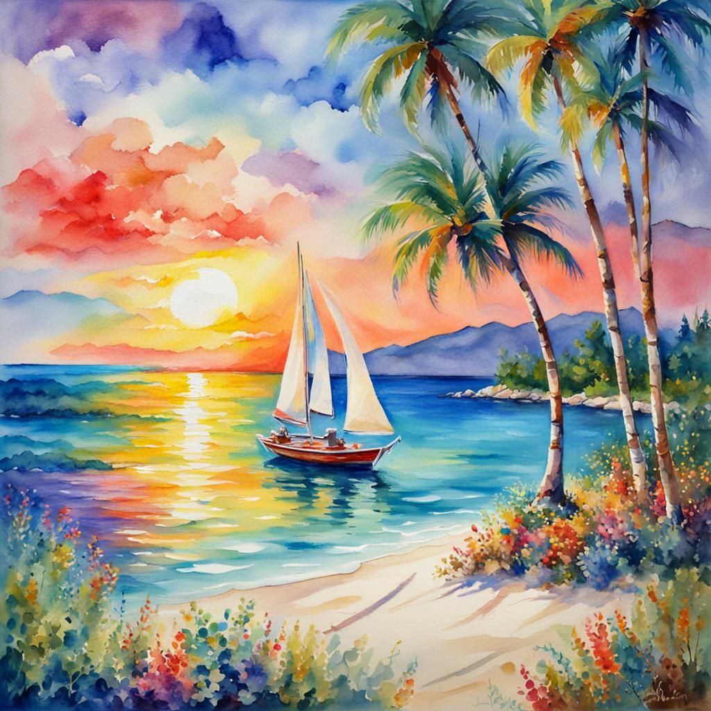 Caribbean Beach Paradise Sunset in Watercolor Style