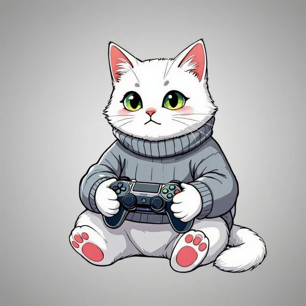 White Cat Forced to Play Video Game with Controller