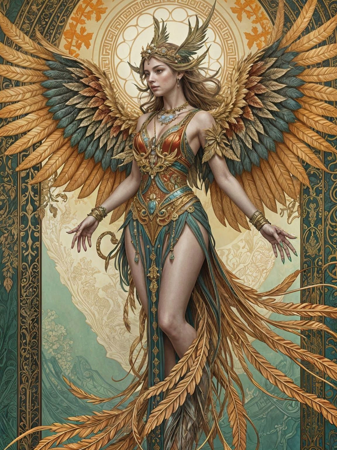 Art Nouveau Harpy with Feathered Wings