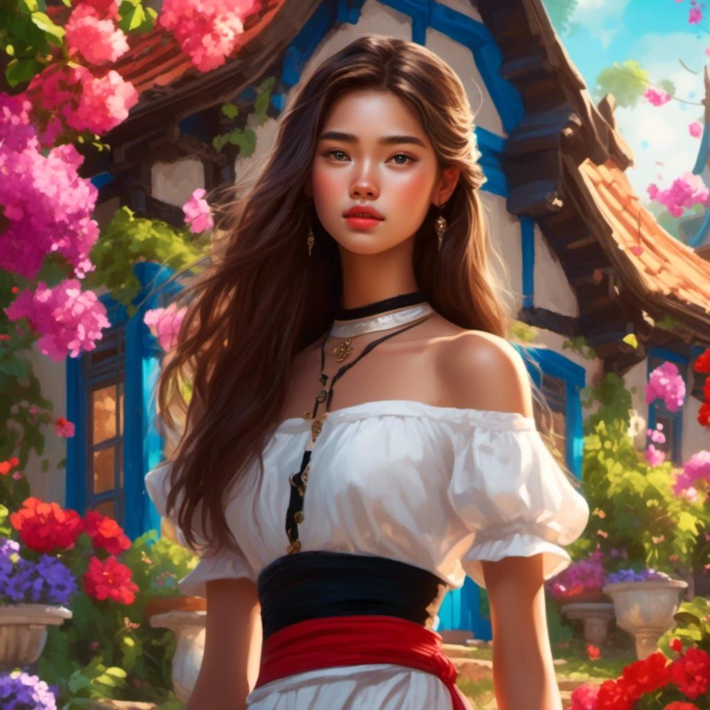 Fantasy Thai Woman in Floral Scene, Splash Art