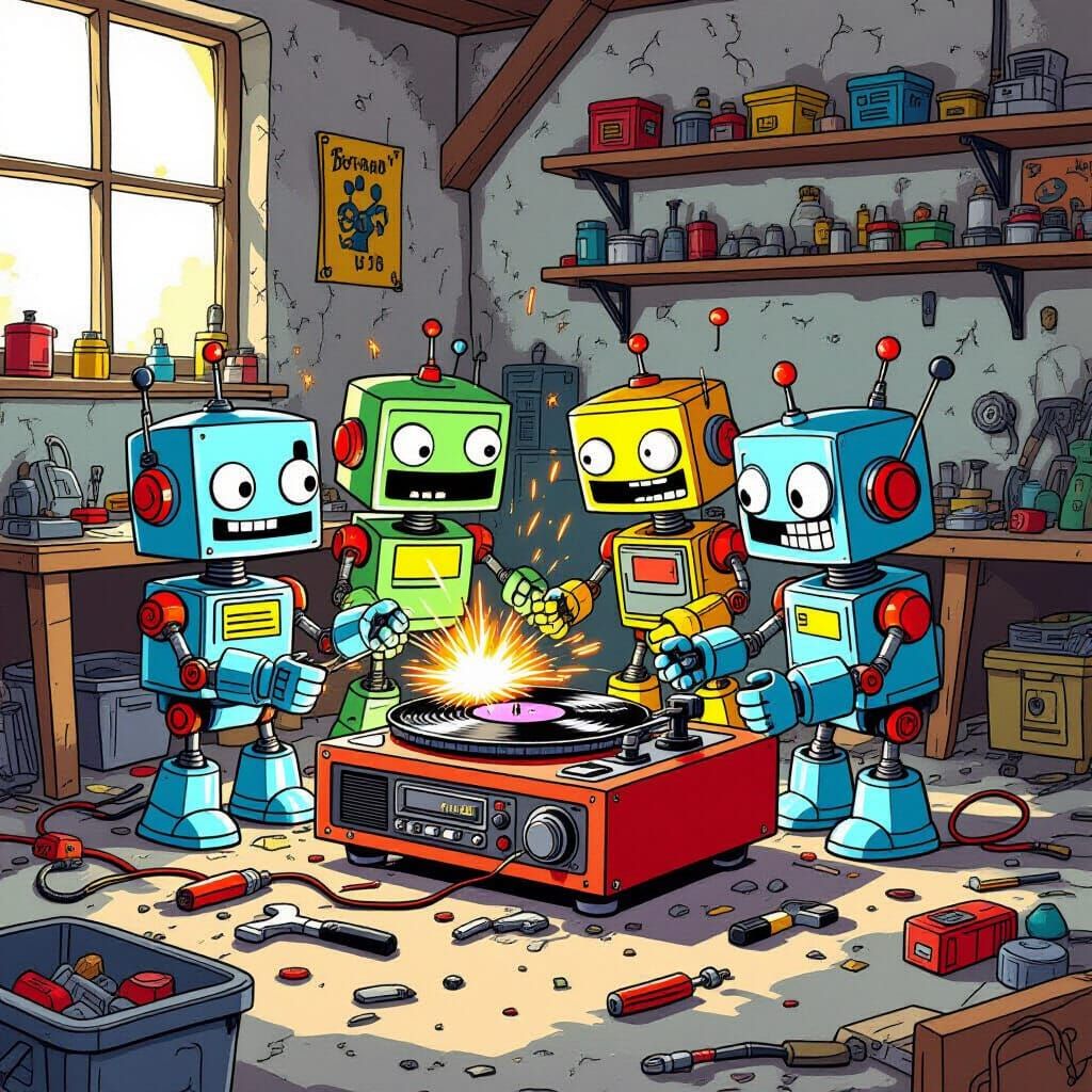 Cartoon Robots Assemble Record Player in Cluttered Workshop