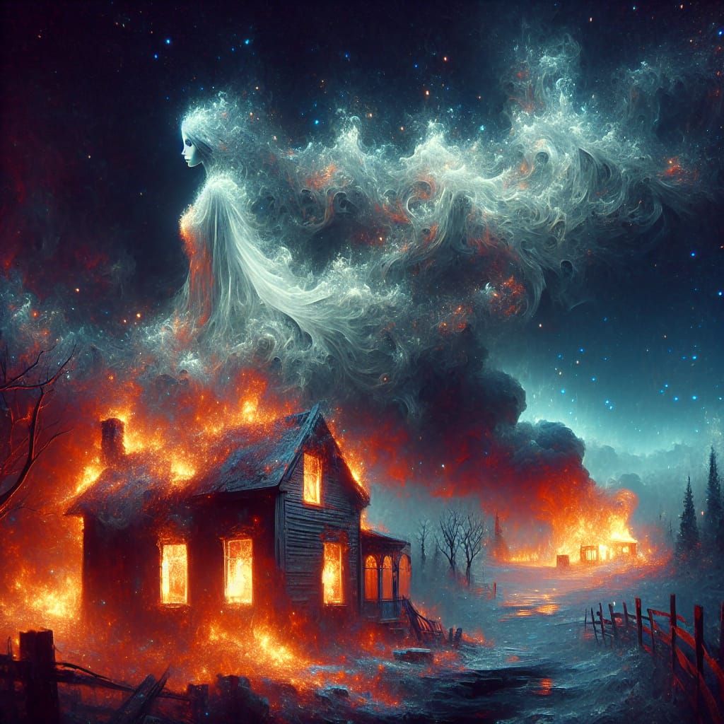 Haunting Smoke Figure Above Burning Home